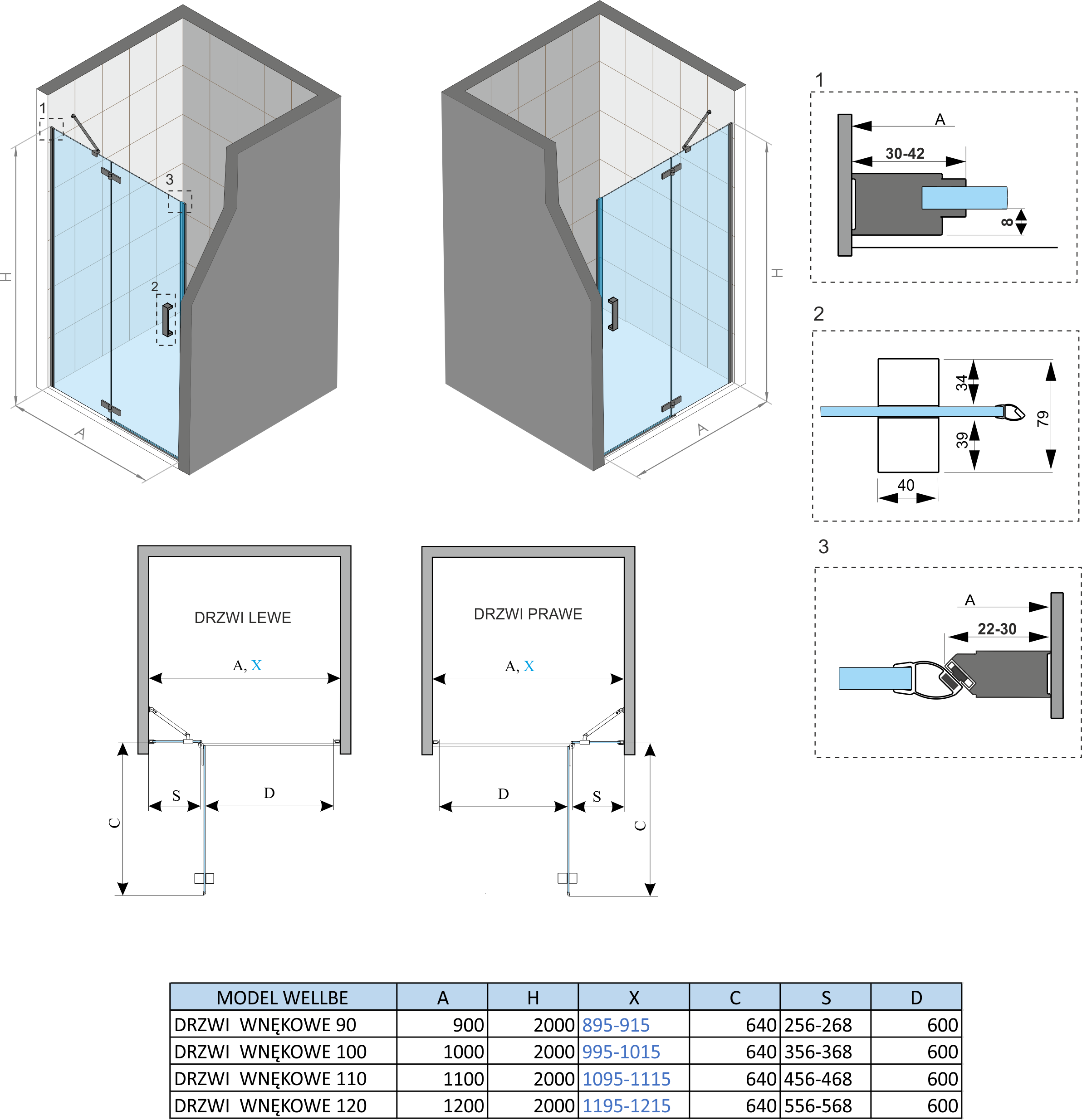kabina prysznicowa Aquante kolekcja Wellbe drzwi do wnęki lewe i prawe 90 cm